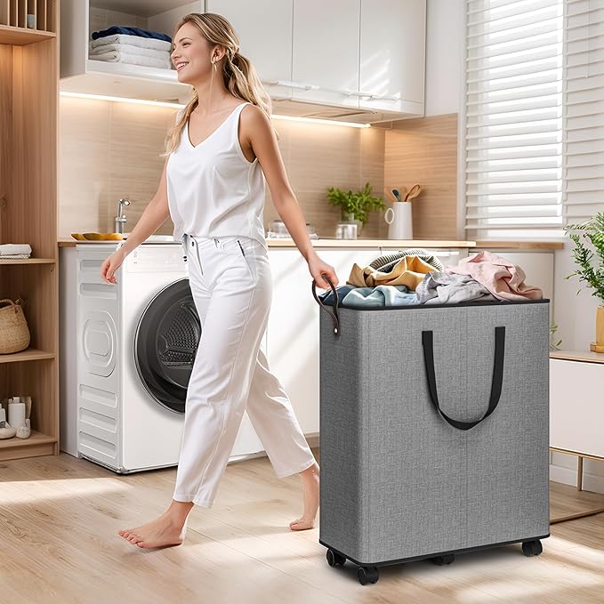 Laundry Basket with Wheels, Collapsible Laundry Baskets, Laundry Hamper with Handles Detachable Wheels, Rolling Laundry Basket, Dirty Clothes Hamper for Bathroom, Dorm, Bedroom, Grey, 155L
