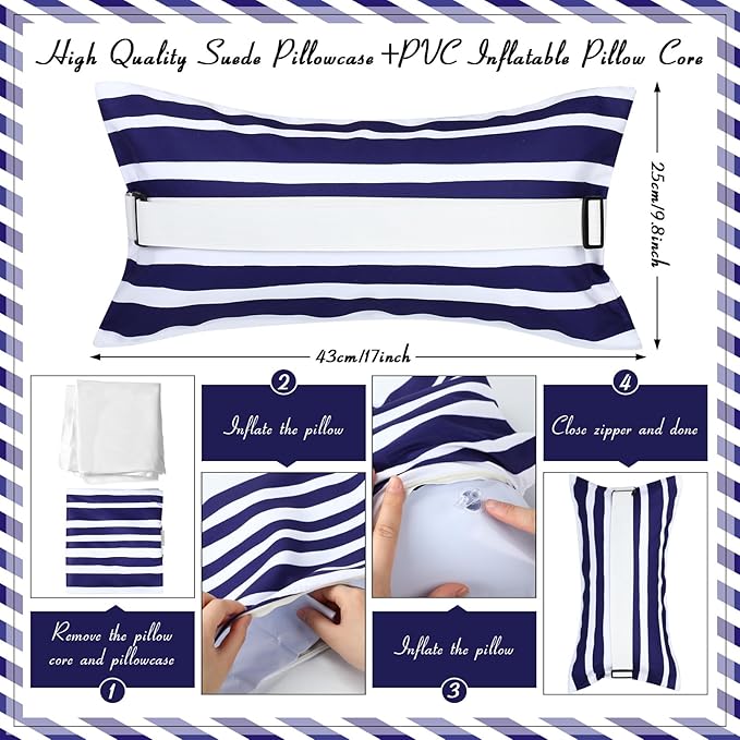 Menkxi 17"x10" Inflatable Beach Pillow with Removable Cover, Beach Chair Backpacking Pillow with Strap Stripe for Summer Sand Pools Travel Vacations(Navy Blue White)