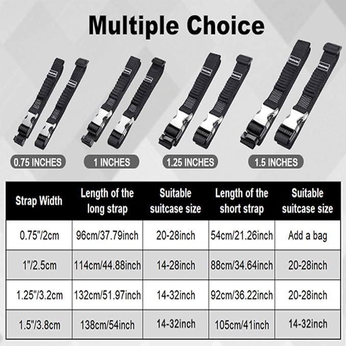 Luggage Straps, Stretchable Luggage Connector Straps for Suitcases, Metal Buckle Add A Bag Adjustable Attachment Accessories Belts (Black-Metal Buckle, 0.75" W)