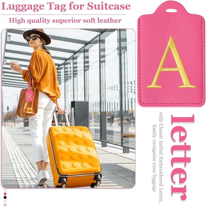 Personalized Initial Luggage Tags for Suitcases,Leather Letter Cute Luggage Tags with Privacy Name Card,Embroidered Monogrammed Travel Bag Backpack Tag Gifts for Women Kids Girls Teens(Rosered-A)