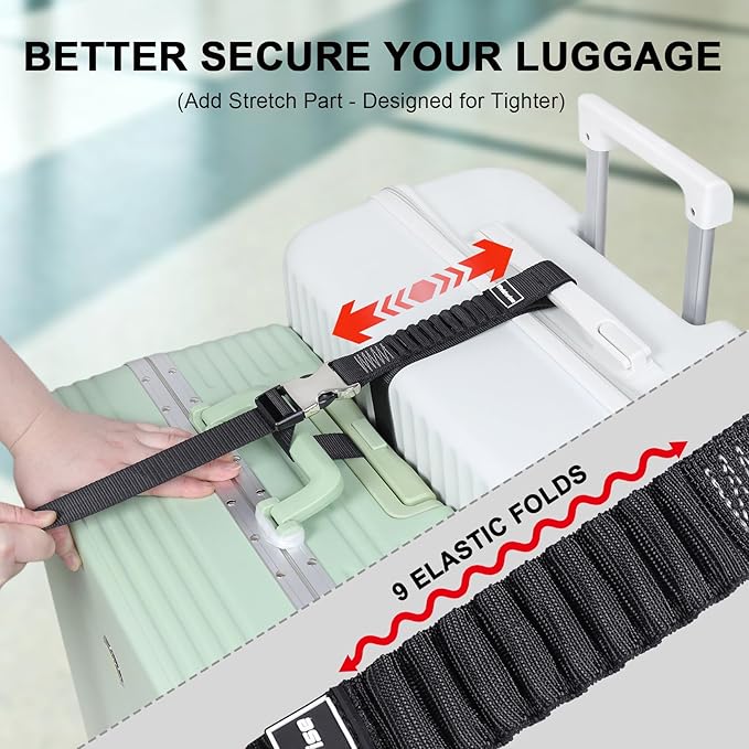 Luggage Straps, Stretchable Luggage Connector Straps for Suitcases, Metal Buckle Add A Bag Adjustable Attachment Accessories Belts (Black-Metal Buckle, 1.25" W)