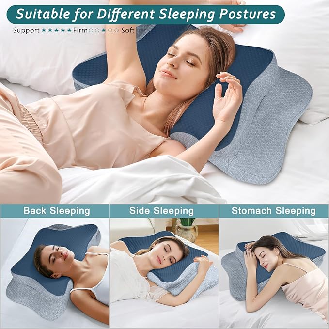 Cervical Neck Pillow for Pain Relief Sleeping, Memory Foam Pillows, Ergonomic Side Sleeper Pillows, Cooling Orthopedic Neck Support Pillow for Back Stomach Sleepers-Queen Size Blue&Grey