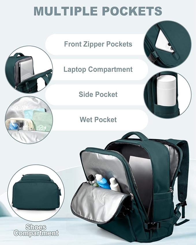 VECAVE Travel Backpack for Women, Airline Flight Approved Carry On Backpacks Waterproof 14 Inch Laptop Backpack with Shoe Compartment Casual Daypack Blue