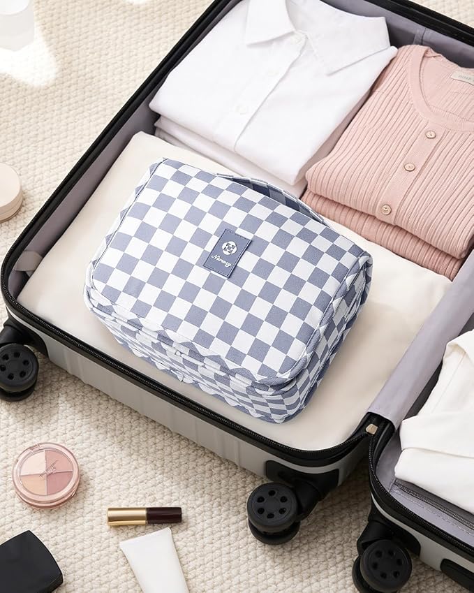 Narwey Small Hanging Travel Toiletry Bag for Traveling Women, Checkered Travel Bag for Toiletries, Makeup Bag Organizer Make Up Cosmetic Bags (Grayish Blue Checkerboard)