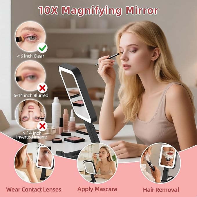 Travel Mirror with Lights, Rechargeable Magnifying Mirror 10X/1X Double-Sided, 3 Color Lighting, Smart Touch Dimming, Precision Tweezers, Lighted Makeup Mirror for Desk, Trip, Office (10.3"x5.2")