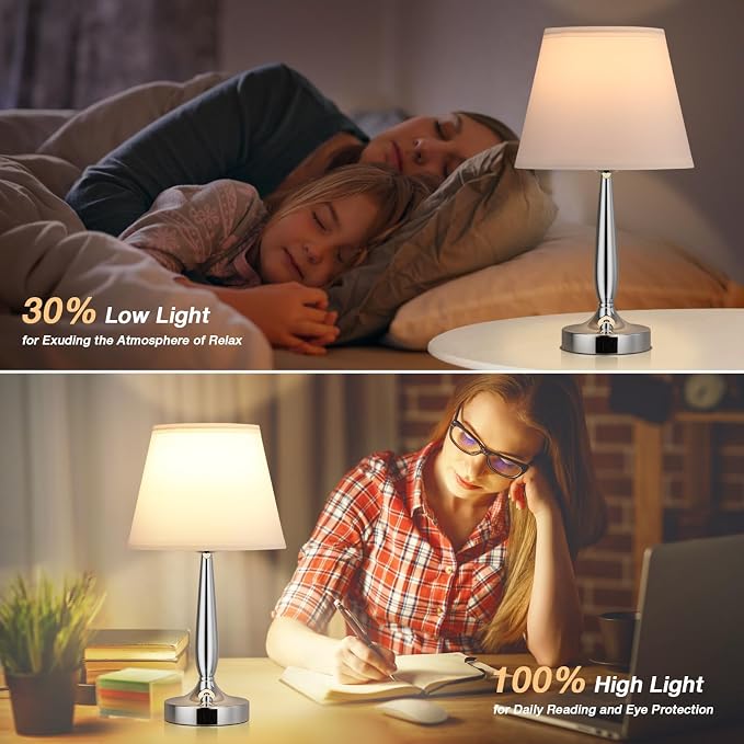 Kakanuo Touch Table Lamp for Bedroom, Small Bedside Lamp with USB C Charging Port, 3 Way Dimmable Touch Control Nightstand Lamp for Living Room and Office, White Shade and Silver Base