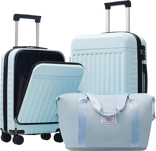 Merax Luggage Sets 3 Piece,Front Open Hardshell Expandable Suitcase with Spinner Wheels and Duffel Bags,Lightweight Carry on Luggage with USB Port,20/24IN,Light Blue