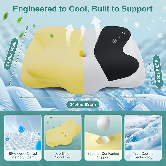 DONAMA Cervical Neck Pillow- Ergonomic Pillows for Pain Relief, Contour Memory Foam Pillow for Side/Back/Stomach Sleepers, CertiPUR-US Certified with Cooling Ice Silk Pillowcase