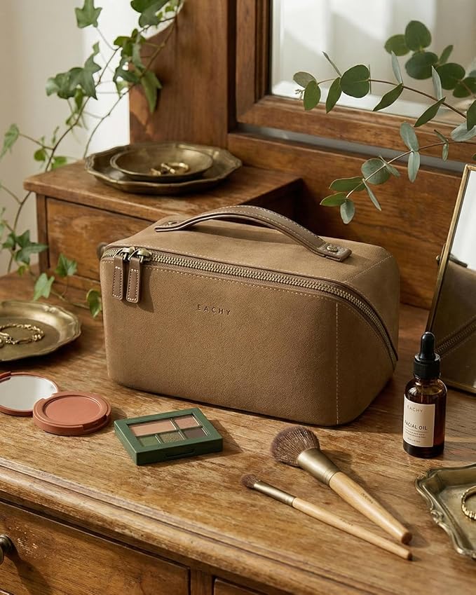 EACHY Travel Makeup Bag, Large Capacity Cosmetic Bag for Women, Waterproof PU Leather, Flat Open Portable Toiletry Bag for Skincare, Brushes & Travel Essentials