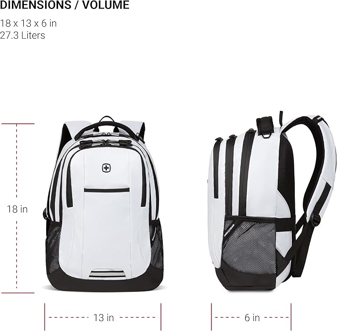 SWISSGEAR Cecil 18-Inch Laptop Backpack Fits 16-Inch Laptop, Travel Daypack with Organizer Pockets, Water Bottle Holders & Padded Straps – White