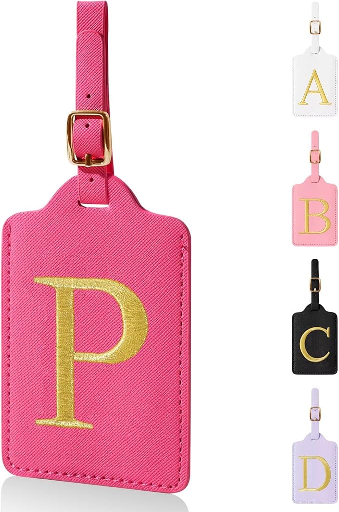 Personalized Initial Luggage Tags for Suitcases,Leather Letter Cute Luggage Tags with Privacy Name Card,Embroidered Monogrammed Travel Bag Backpack Tag Gifts for Women Kids Girls Teens(Rosered-P)