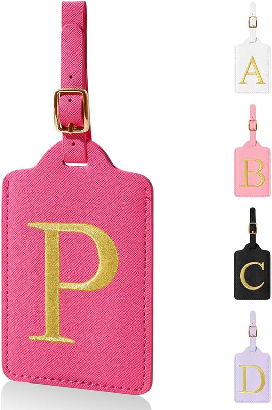Personalized Initial Luggage Tags for Suitcases,Leather Letter Cute Luggage Tags with Privacy Name Card,Embroidered Monogrammed Travel Bag Backpack Tag Gifts for Women Kids Girls Teens(Rosered-P)