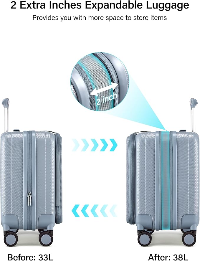 Hanke 16 Inch Expandable Under Seat Luggage with Wheels Top Opening Small Suitcase with Wheels Carry On Luggage Airline Approved Lightweight Hard Shell Suitcases for Weekender Overnight-Grey