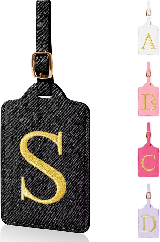 Personalized Initial Luggage Tags for Suitcases,Leather Letter Cute Luggage Tags with Privacy Name Card,Embroidered Monogrammed Travel Bag Backpack Tag Gifts for Women Kids Girls Teens(Black-S)