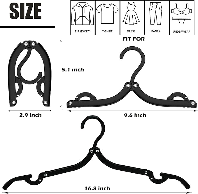 Foldable Travel Hangers Portable Plastic Folding Clothes Hangers Travel Accessories Drying Rack Folding Hangers for Traveling Camping RV Cruises Dormitory School Hotel (30, Black)