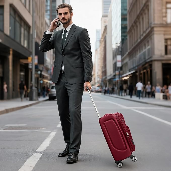 20" Luggage, Softside Suitcase with LOCK,Expandable Luggage w/Double Spinner Wheels, Lightweight Rolling Suitcases for Travel Carry On Luggage（Burgundy-Grey,20in）