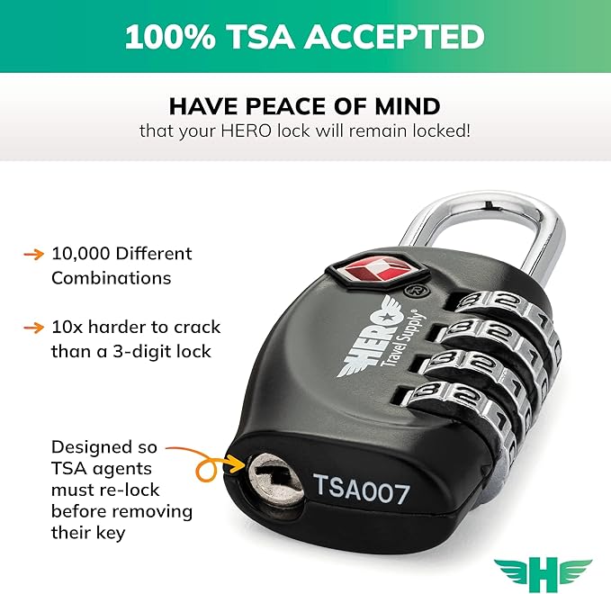 Hero Luggage Lock (Pack of 4) TSA Approved, 4 Digit Combination Padlock for Travel, Suitcases, Lockers, Backpacks