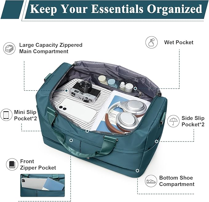 Large Travel Duffel Bag, Weekender Bag for Women with Shoe Compartment & Toiletry Bag, Overnight Carry on Bag for Travel, Gym, Hospital, Business,Peacock Blue