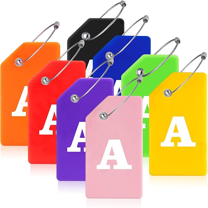 Gostwo 8 Pack Luggage Tags for Suitcases, 26 Initial Letter Travel Luggage Baggage Identification Labels ID Tags Fully Bendable Tags with Stainless Steel Loop (Letter A, Colorful)