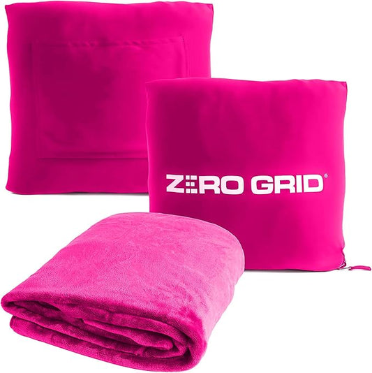 Zero Grid Lightweight Travel Blanket – Premium Compact Wearable Airplane Blanket with Neck Snaps, Cozy Foot Pockets, Zipper Pouch, converts to Soft Pillow for Ultimate Comfort - Hot Pink