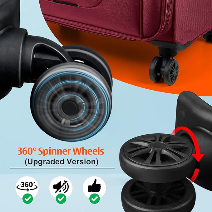 Verdi Luggage Set 3-Piece Suitcase with Spinner Wheel Softside Expandable, Carry On Luggage with USB Port (Burgundy, 3-Piece set(20/24/28))