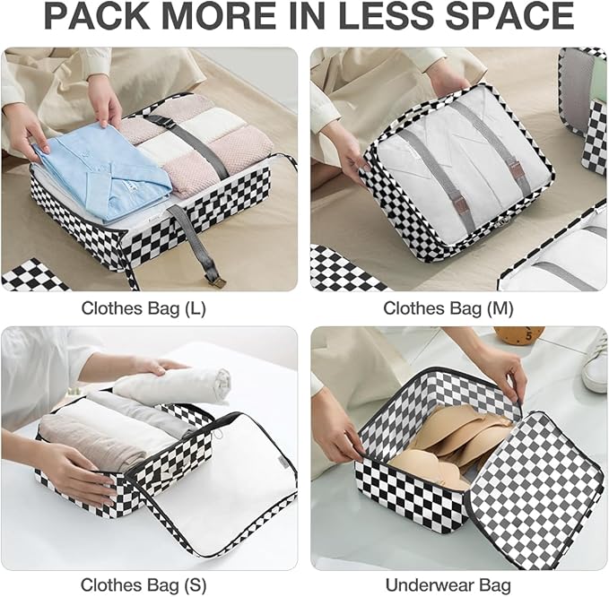 8 Set Packing Cubes for Suitcases,Packing Cube with Shoe, Cosmetics, Clothing, and Accessories Bags Packing Cubes for Travel Luggage Organizer Women Men(Black White Checkered)