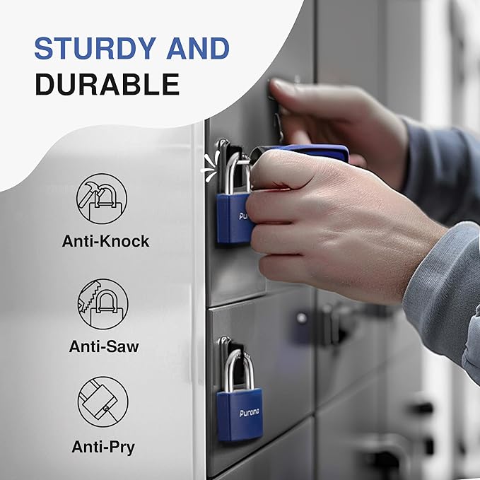 Puroma Lock Keyed Padlock, 2 Pack Aluminum Locks with 3 Keys Alike, 7/8 Inch Locker Lock 43mm Small Padlocks for Gate, Fence, Shed, Toolbox, School Gym Locker (Blue)