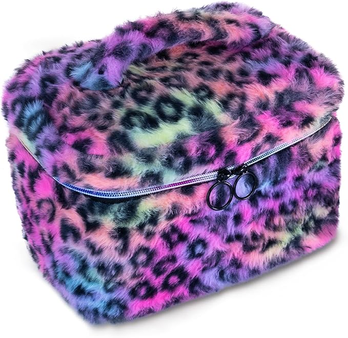 Plush Travel Makeup Bag Toiletry bag for Women Soft Fluffy Cosmetic Bag Portable Foldable (Rainbow Leopard)