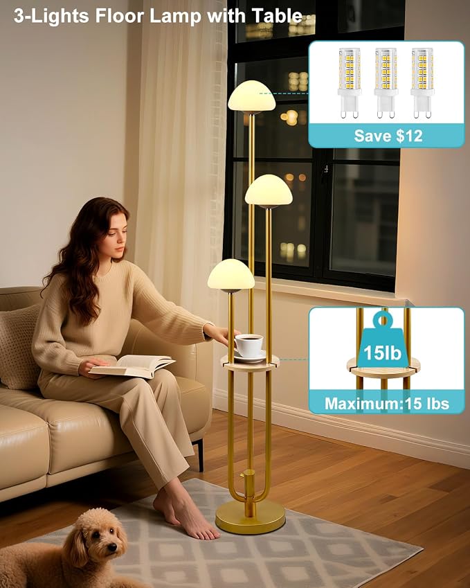 Lightdot Gold Dimmable Floor Lamp with Table, Modern Floor Lamps for Living Room 3000K Warm Bulbs Included Tall Standing Lamp with Mushroom Shades with 5Lbs Heavy Base for Sofa Beside/Corner Decor