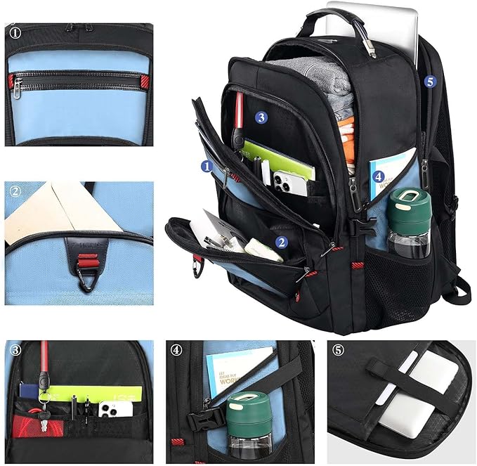 Z-MGKISS Big Backpack for Travel, 52L Large Anti-Theft Computer Backpack for Women Men, Heavy Duty Laptop Bag 17.3 Inch with USB Port, College Business Work Daypack, Lake Blue