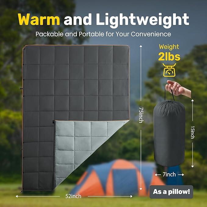 UNIKOME Waterproof Puffy Camping Blanket - Lightweight Packable Outdoor Quilt with Snaps & Corner Loops, Warm Compact Blanket for Cold Weather Hiking Picnic Stadium Travel, 75"×52", Grey&Light Grey