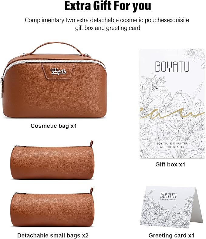BOYATU Travel Makeup Bag Cosmetic Bags for Women: Large Capacity 3 Pcs Set Make up Bag with Compartments - Waterproof Vegan Leather Toiletry Organizer Bags with Handle (L25Brown)