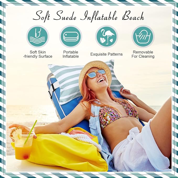 Menkxi 17"x10" Inflatable Beach Pillow with Removable Cover, Beach Chair Backpacking Pillow with Strap Stripe for Summer Sand Pools Travel Vacations(Green White)