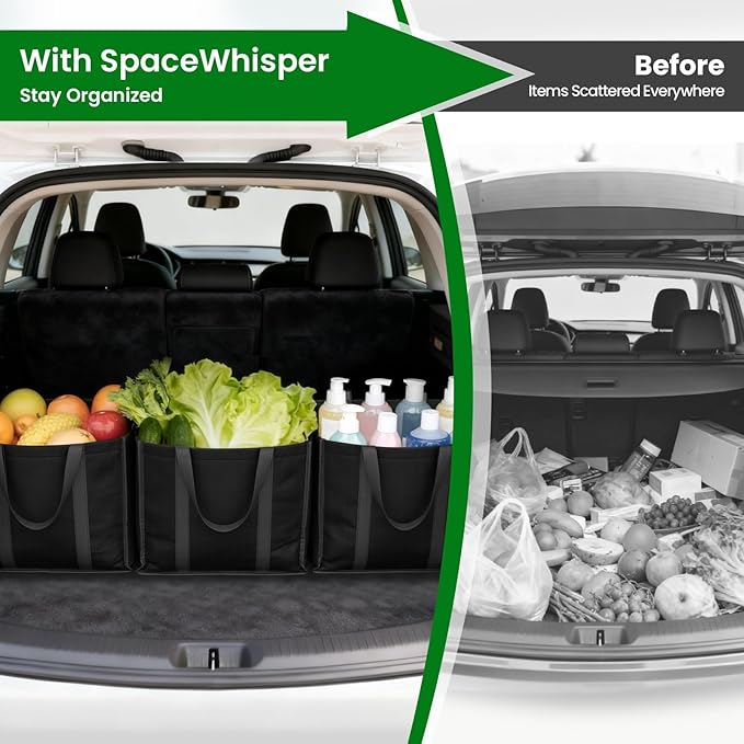 SpaceWhisper Reusable Grocery Bags with Long Handles [3 Pack] - Multipurpose Shopping Bags for Groceries, Foldable Grocery Totes Resist Water & Stains for Kitchen, Car Trunk, Picnic (Black)