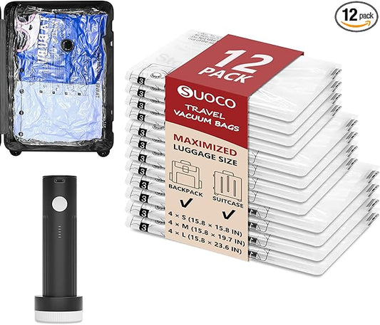 Travel Vacuum Bags for Clothing with Rechargeable Electric Pump, Compression Packing Cubes Organizer Storage for Luggage Suitcase, Space Saver Seal Bags for Vacation Cruise, 12 Combo