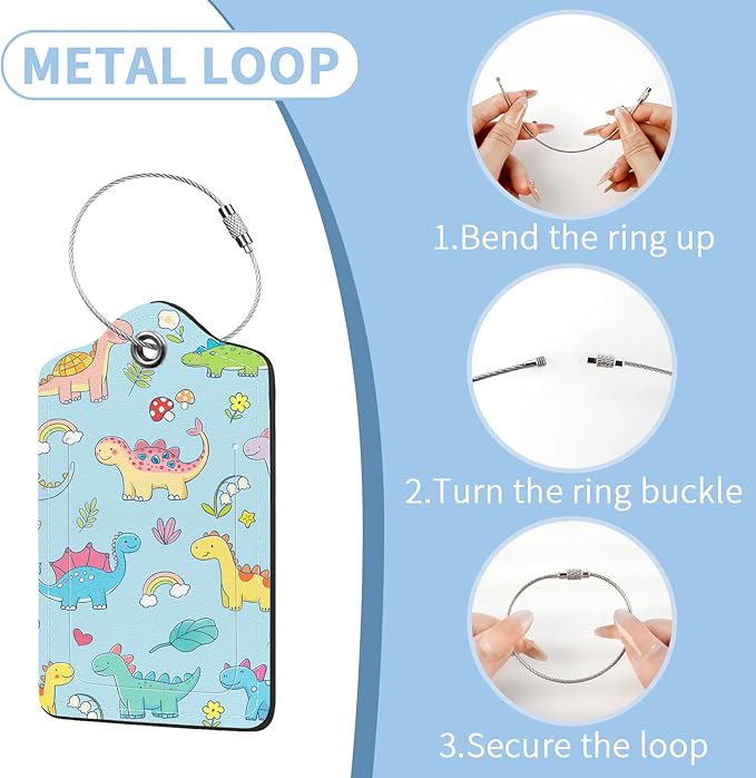 2 Pcs Luggage Tag for Suitcases, Cute Dinosaur PU Leather Suitcase Tag Privacy Cover Name ID Label with Metal Loop, Personalized Baggage Identifier for Women Cruise Bag Travel Essentials