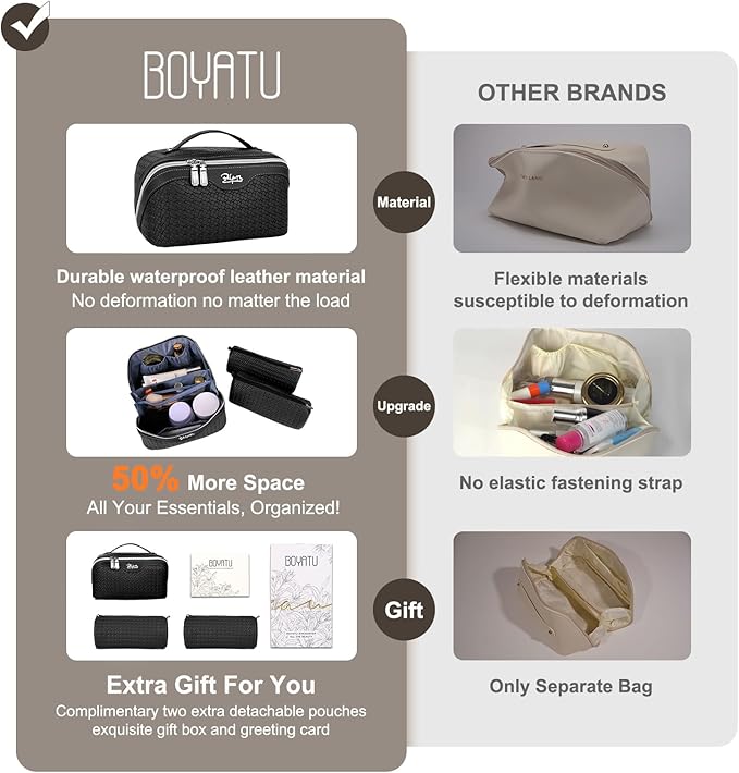 BOYATU Travel Makeup Bag Cosmetic Bags for Women: Large Capacity 3 Pcs Set Make up Bag with Compartments - Waterproof Vegan Leather Toiletry Organizer Bags with Handle (L15 Black)