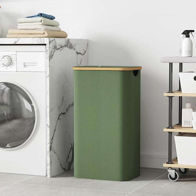 Lifewit 100L Laundry Basket with Lid, Clothes Hampers for Laundry with Bamboo Handles and 1 Removable Bag, Large Foldable Laundry Hamper for Bedroom, Bathroom, Dorm, Laundry Room, Green