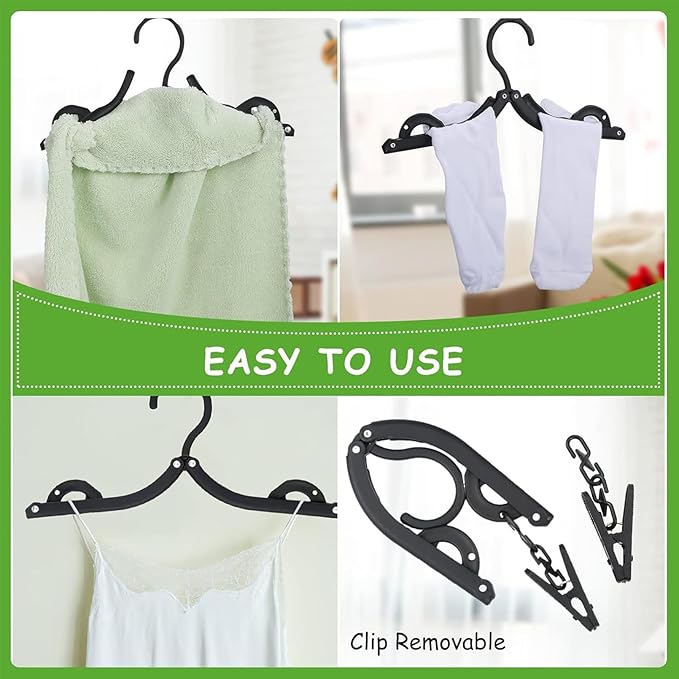 12 PCS Travel Hangers,Portable Folding Clothes Hanger,Travel Accessories Foldable Travel Hangers with Clips,Foldable Clothes Drying Rack for Travel,Black Plastic Non Slip Clothing Hangers