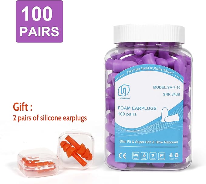 LYSIAN Slim Size Foam Ear Plugs for Small Ear Canals Women, Kids, 100 Pairs, 35dB SNR Noise Canceling Earplugs for Sleeping, Work and Study (Purple)