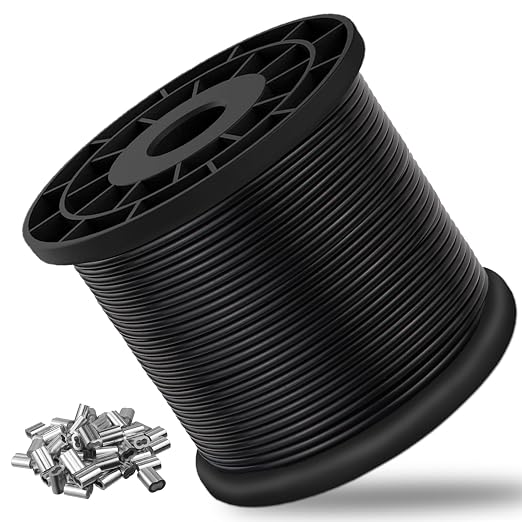 Vinyl Coated Wire Rope 304 Stainless Steel Coated Wire Cable-Black, 1/16" OD to 3/32" x 500FT, with 200 Pcs Crimping Sleeves-Cable for String Lights, Suitable for Clotheslines