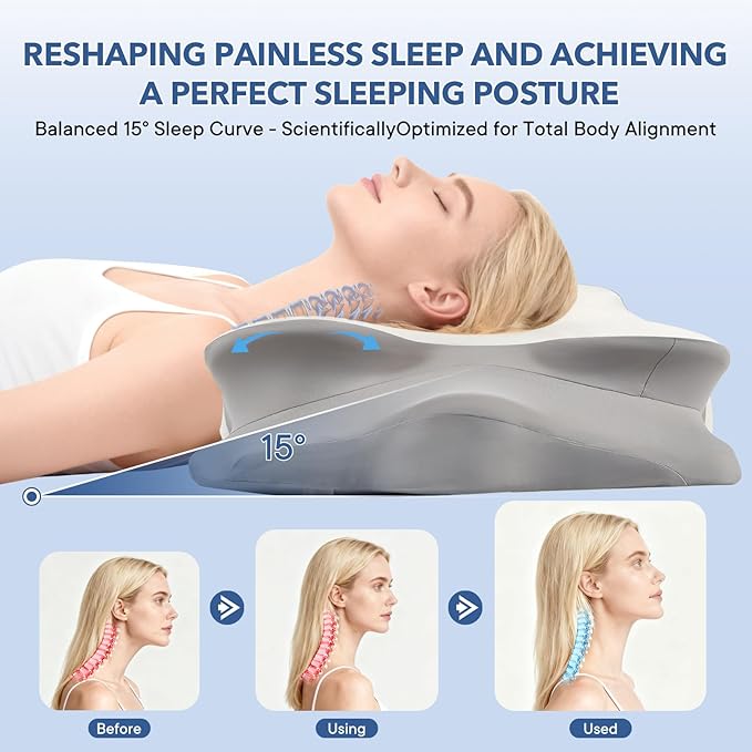 Cervical Pillow for Neck and Shoulder,Contour Memory Foam Pillow,Ergonomic Neck Support Pillow for Side Stomach Back Sleepers with Skin-Friendly Pillowcase (White)