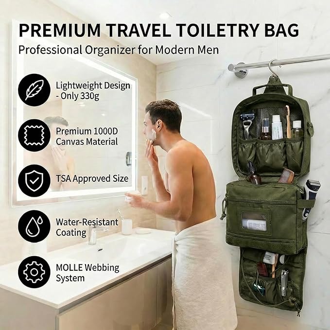 Mens Toiletry Travel Bag, Tactical Toiletry Bag for Men, Bathroom Hanging Travel Toiletry Bag for Men Shaving Hygiene Bag Travel Toiletry Organizer Short Trips Bag, Green