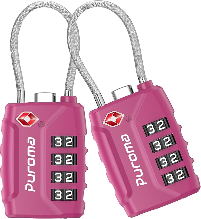 Puroma 2 Pack TSA Approved Luggage Locks, 4 Digit Combination Travel Cable Locks Resettable Code Lock with Zinc Alloy Body for Suitcase, Toolbox, Backpack, Bag, Gym Locker (Basic Pink Dark)