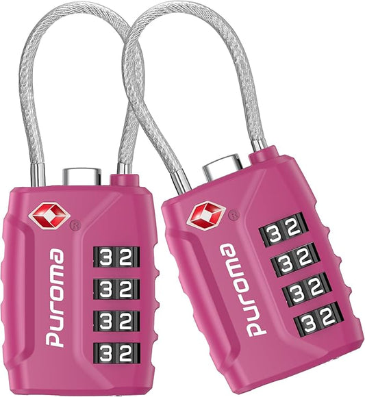 Puroma 2 Pack TSA Approved Luggage Locks, 4 Digit Combination Travel Cable Locks Resettable Code Lock with Zinc Alloy Body for Suitcase, Toolbox, Backpack, Bag, Gym Locker (Basic Pink Dark)