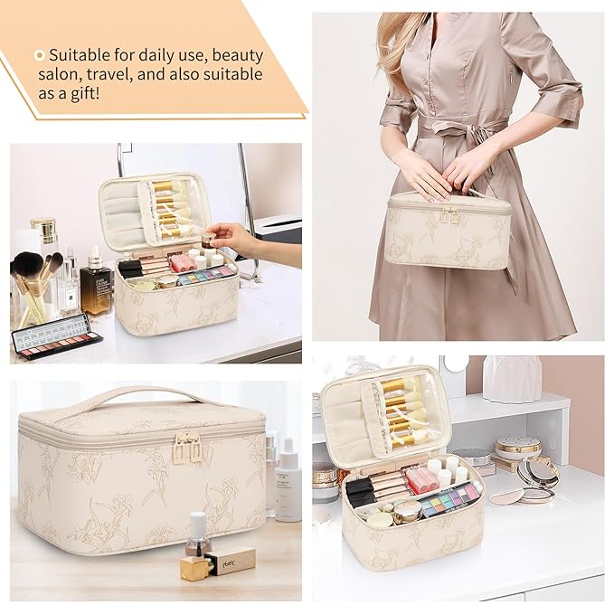 OCHEAL Makeup Bag for Women - Travel Cosmetic Organizer with Brush Slot & Divider, Large Capacity Toiletry Bag for Girls, Travel Makeup Case for everyday Make up Accessories -Beige floral