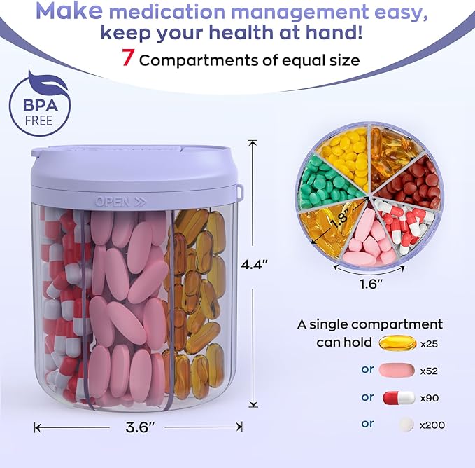 Pill Organizer with 7 Large Compartments, Pill Dispenser for Travel, Supplement Organizer with Anti-Mixing Design, BPA-Free Pill Container with 20 Pcs Labels, Purple