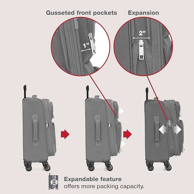 U.S. Traveler Rio Lightweight Softside Rolling Carry-on Suitcase, 4-Wheel Set, Light Gray