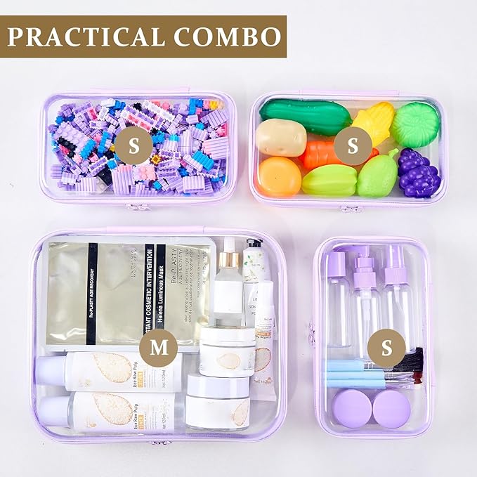 4 pcs Clear Zipper Pouches,Hard Shell Zipper Case, Toiletry Bag for Travel, CLear Diaper Bag, Toiletry Pouch, Travel Organizer, Cosmetic Bag,Toy Storage Bins (M+3S) (Lavender)