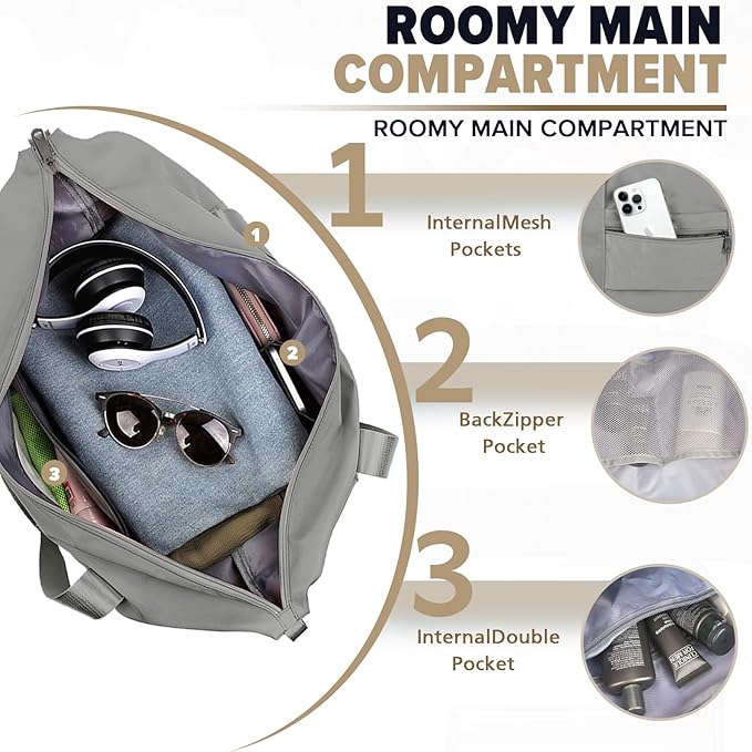 Travel Duffle Bag, Weekender Travel Bag Men Small Gym Bag for Women, Hospital Bag for Labor and Delivery, Overnight Bag Luggage Bag with Trolley Sleeve, Airplane Travel Essentials for Flying(Grey)